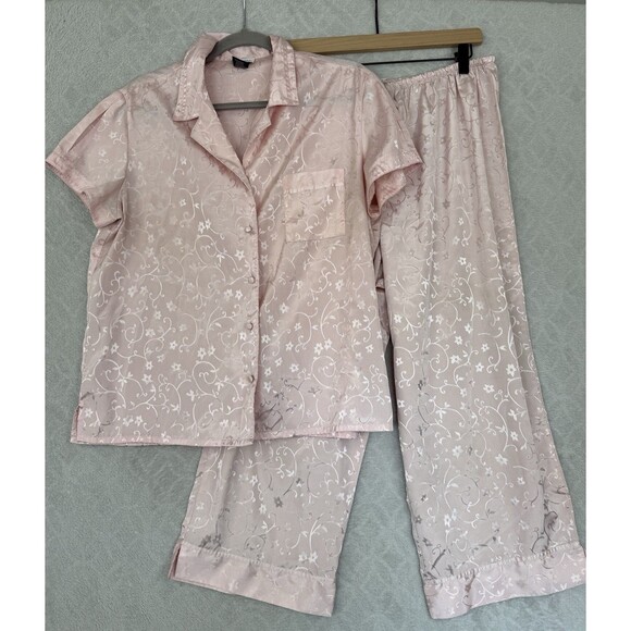 Vtg Satin Pajama Crop Pant Set Womens L 12/14 Pink Jacquard Floral Feminine PJs - Picture 1 of 14
